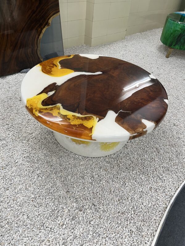 Buy Handmade Round Resin coffee Table with Wood & Amber Swirl