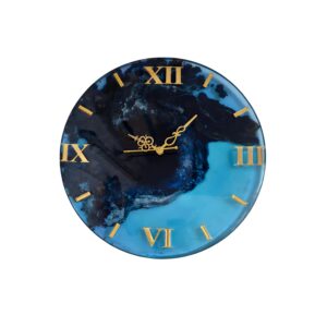 Handmade Blue Epoxy Resin Wall Clock with Gold Roman Numerals