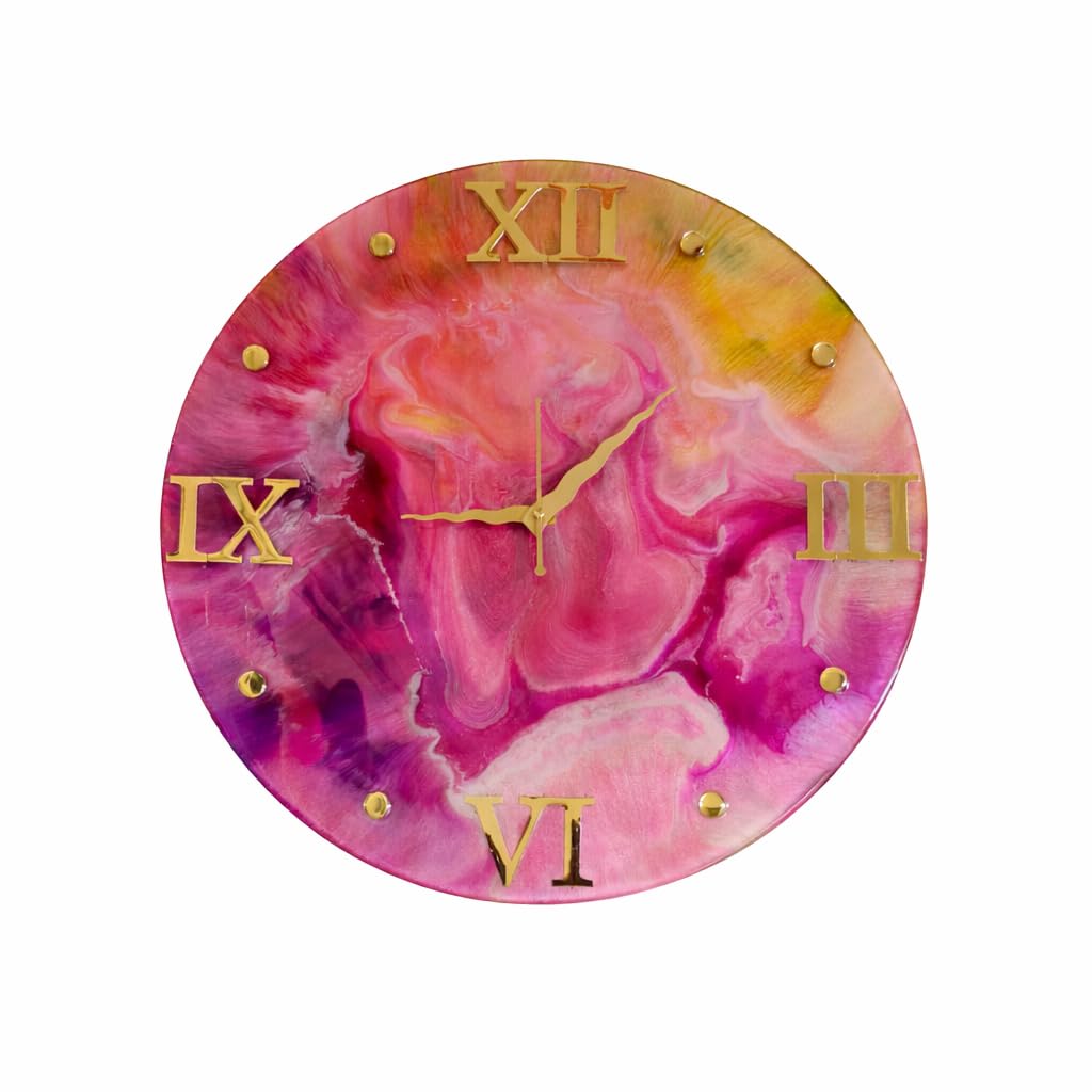 A round, handmade resin art wall clock featuring an abstract swirl of pink, purple, and
