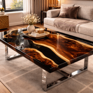 Luxury epoxy resin art wood dining table with live edge wood and black glossy resin finish in modern living room
