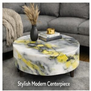 Contemporary round coffee table yellow grey white resin marble swirl pattern small walnut legs living room