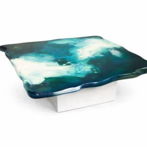 Handcrafted ocean wave resin glass coffee table with turquoise and white swirl abstract art design on white concrete base — luxury modern living room center table 122x96 cm, buy online India