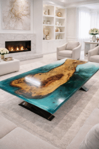 Elegant living room with epoxy resin table