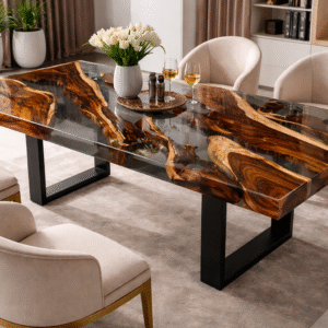 Handmade epoxy resin art wooden dining table with live edge wood and clear resin top in modern luxury dining room