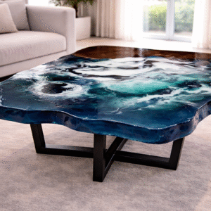 Handmade epoxy resin wooden ocean river coffee table with blue wave design and modern black base for luxury living room
