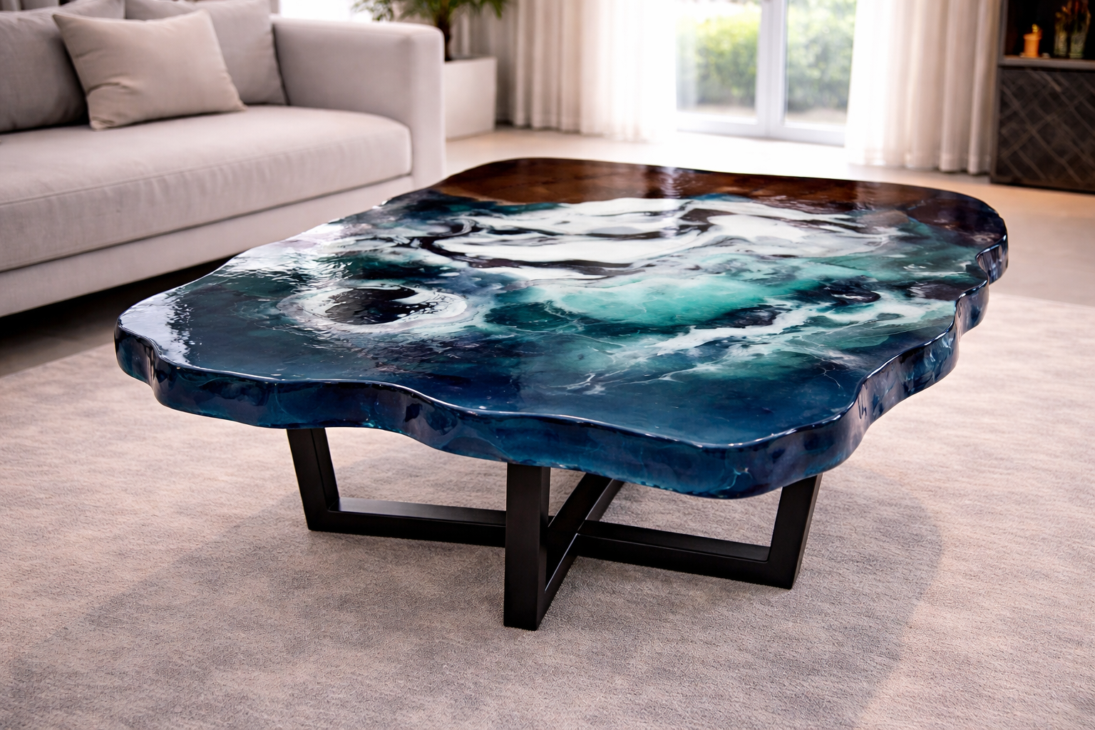 Handmade epoxy resin wooden ocean river coffee table with blue wave design and modern black base for luxury living room