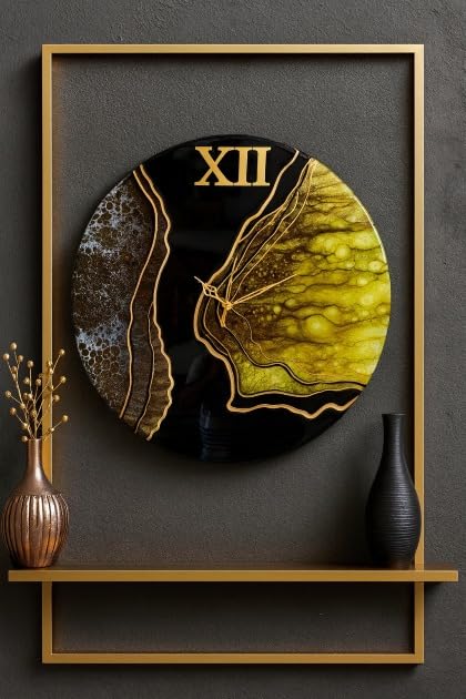 Luxury black and gold resin wall clock with geode marble texture