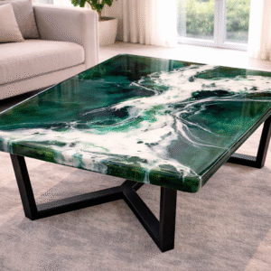 Luxury epoxy resin transparent green marble dining table with modern metal legs and premium handmade design for dining room