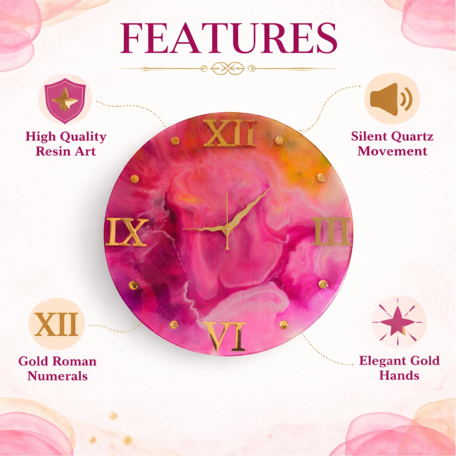 Luxury handmade epoxy resin wall clock, ideal for living room or bedroom wall decor