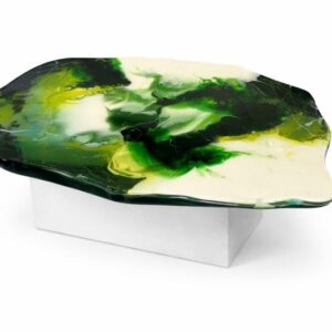 Modern Abstract Resin Art Coffee Table Green & White Swirl