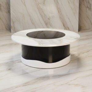 Modern Round Resin Table 44 Inch White Marble Effect Top with Black Base Contem