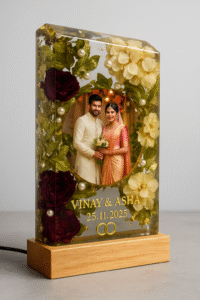  Personalized-rectangular-resin-varmala-preservation-block-with-LED-wooden-base-featuring-red-roses-white-hydrangea-and-wedding-