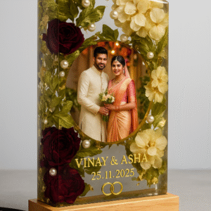 Personalized-rectangular-resin-varmala-preservation-block-with-LED-wooden-base-featuring-red-roses-white-hydrangea-and-wedding-