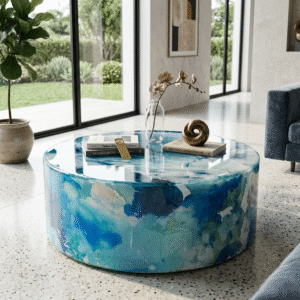 Premium Round Resin Center Table - Artisan Blue Ocean Design [32 DIAMETER  X 12 INCH ]