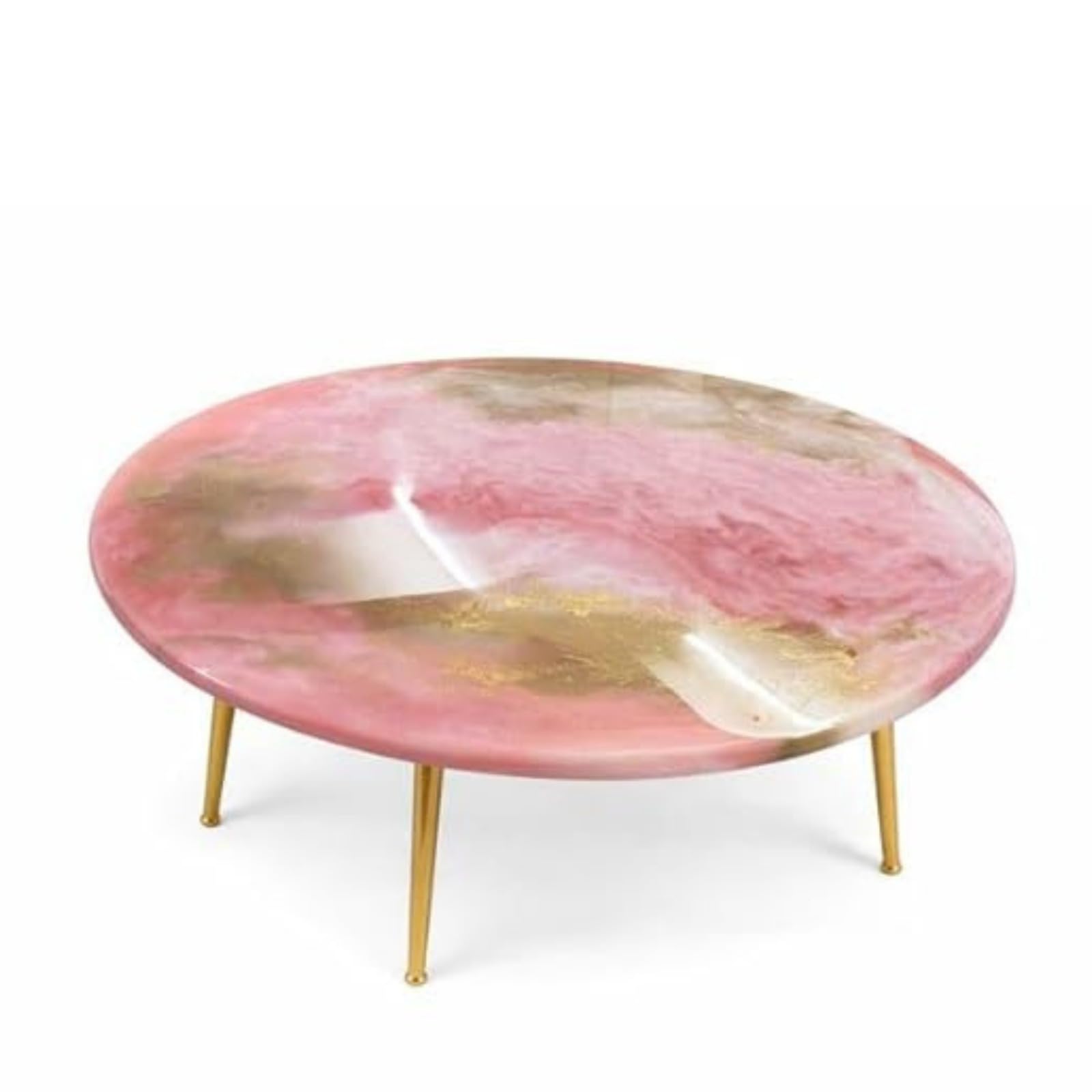 Reziwood resin table Luxury Pink Marble Effect Coffee Table Round Design with Gold Metal Legs