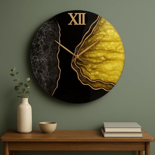 Round resin wall clock with green and beige geode patterns, green