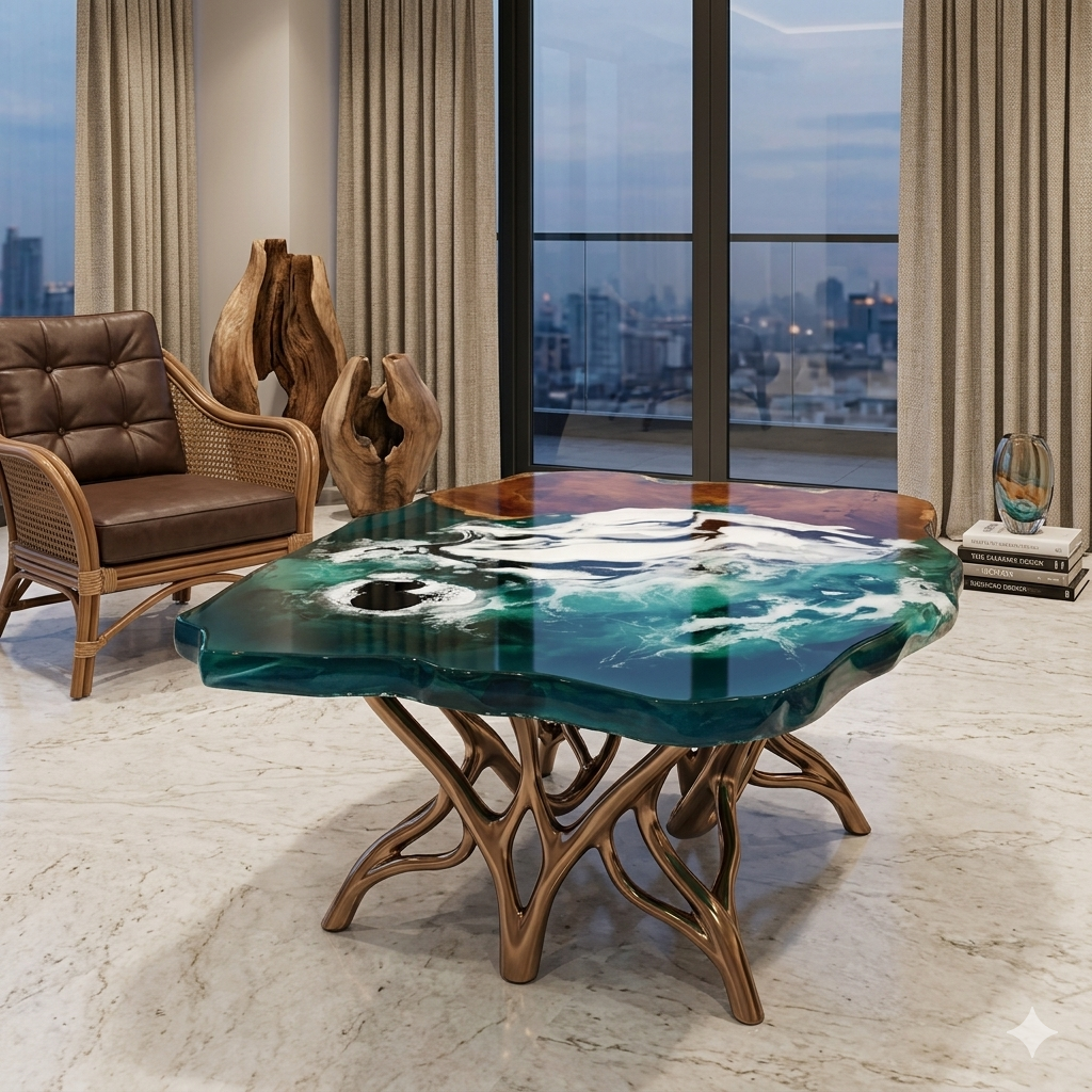 Custom Epoxy Resin Wooden Ocean River Coffee Table – Luxury Handmade Design - Image 3