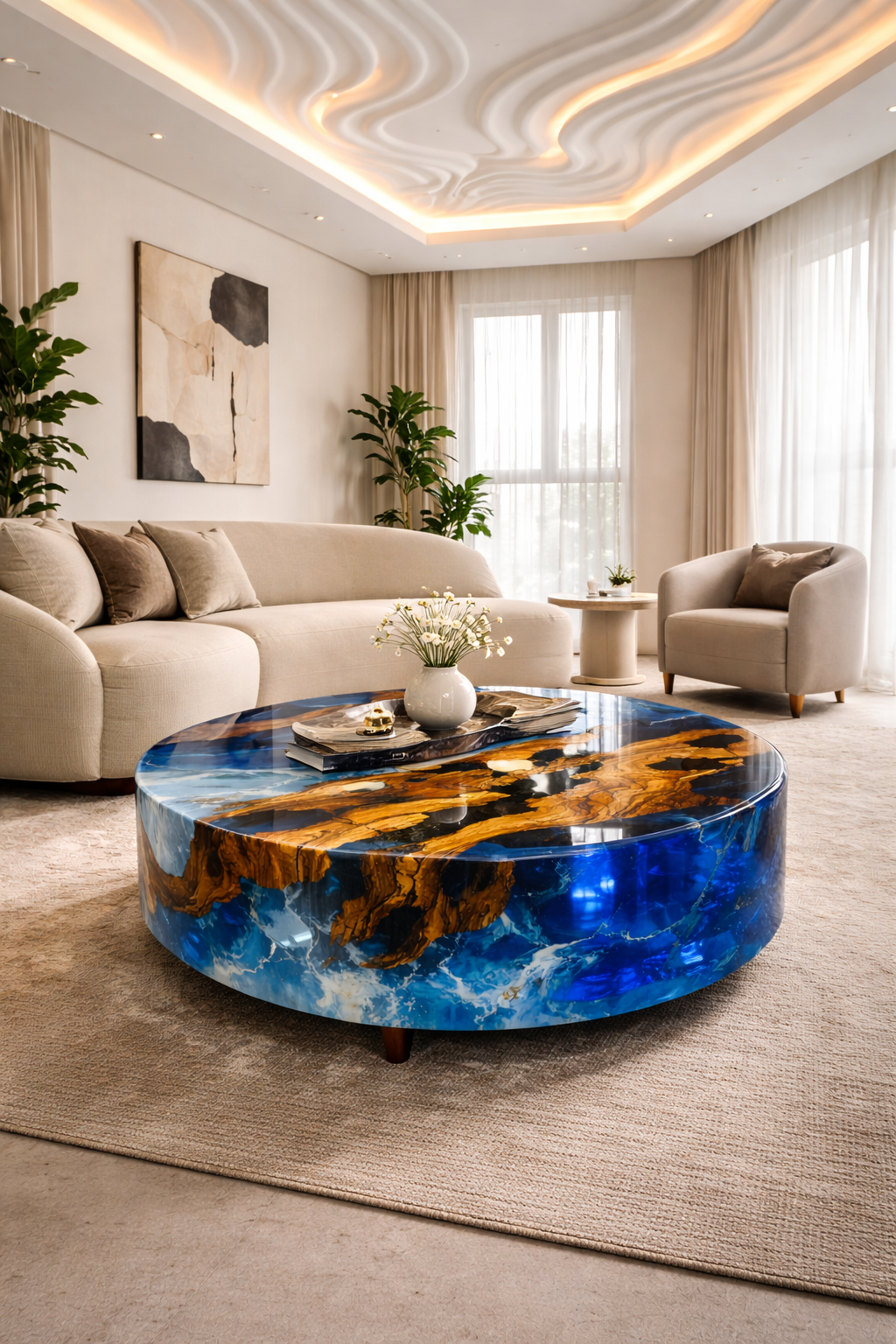 epoxy resin round ocean wooden center table